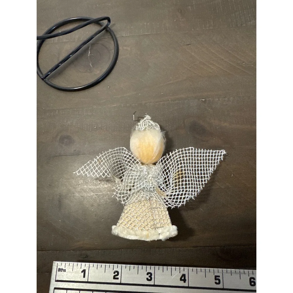 Vintage Silver Mesh Angel Christmas Ornament Mid-Century White Faux Fur 4.5 Inch